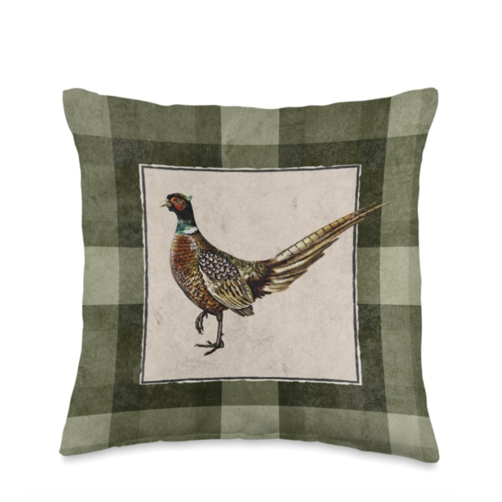 Green Plaid Pheasant Accent Pillow - Rustic Holiday Throw